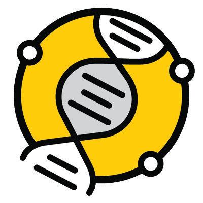 Icon of a DNA strand wrapped around a yellow circle with a gray center and four white dots.  