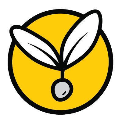 Icon of a seed with two leaves set against a yellow circular background.  